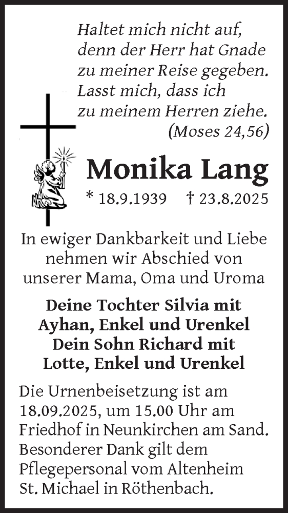  Traueranzeige für Monika Lang vom 13.09.2025 aus Pegnitz-Zeitung