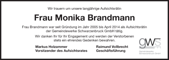 Traueranzeige von Monika Gabriele Brandmann von Der Bote