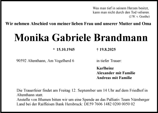 Traueranzeige von Monika Gabriele Brandmann von Der Bote