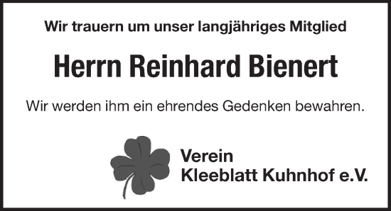 Traueranzeige von Reinhard Bienert von Pegnitz-Zeitung