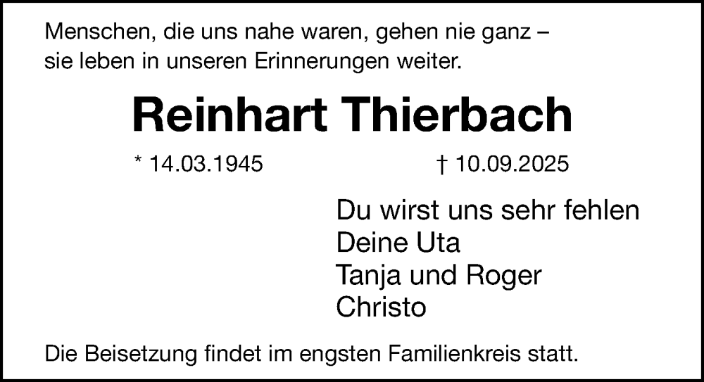  Traueranzeige für Reinhart Thierbach vom 27.09.2025 aus Hersbrucker Zeitung Lokal