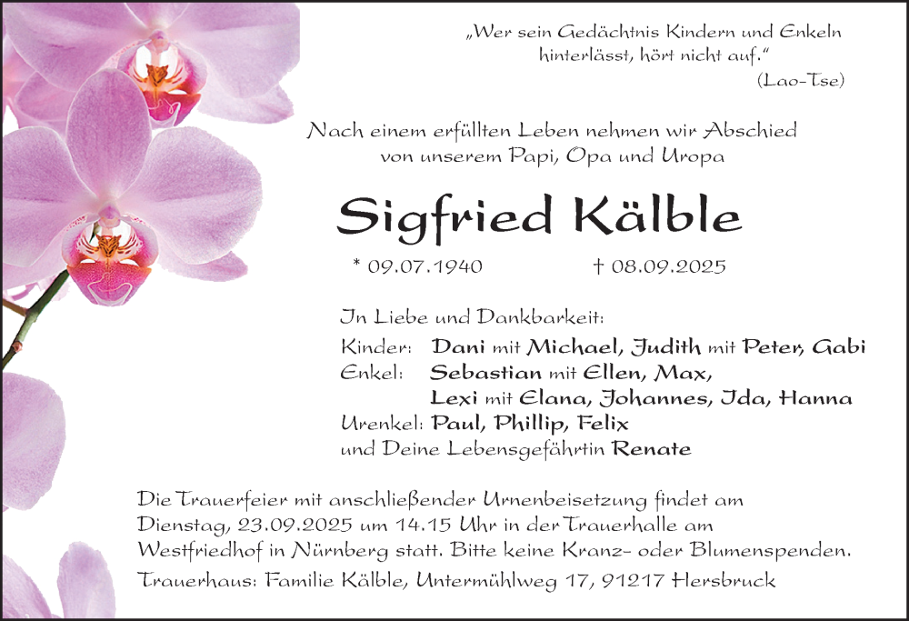 Traueranzeige für Sigfried Kälble vom 20.09.2025 aus Hersbrucker Zeitung Lokal