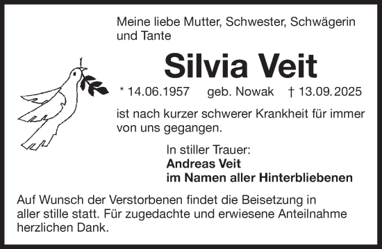 Traueranzeige von Silvia Veit von Der Bote