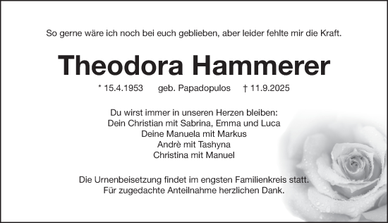 Traueranzeige von Theodora Hammerer von Pegnitz-Zeitung