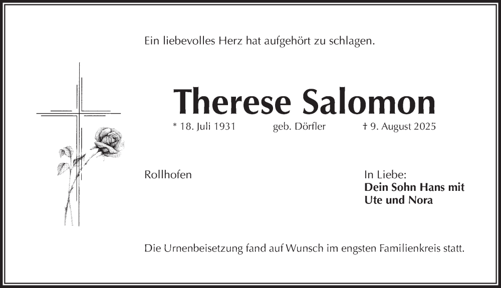  Traueranzeige für Therese Salomon vom 13.09.2025 aus Pegnitz-Zeitung