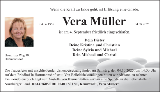 Traueranzeige von Vera Müller von Hersbrucker Zeitung Lokal