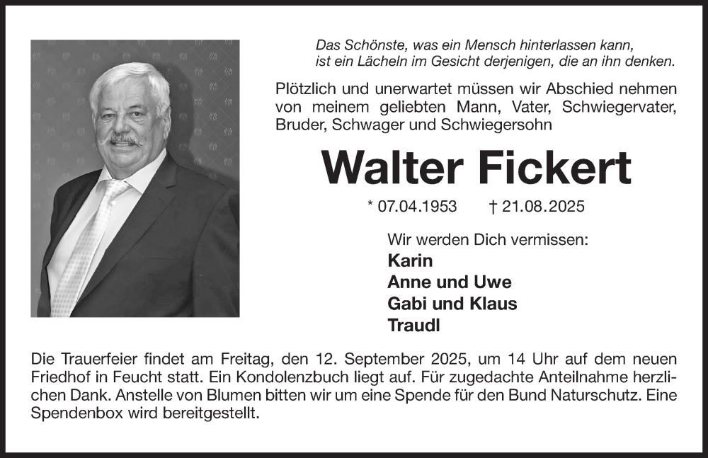  Traueranzeige für Walter Fickert vom 06.09.2025 aus Der Bote