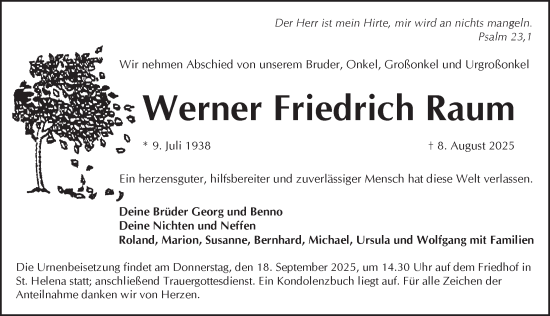 Traueranzeige von Werner Friedrich Raum von Pegnitz-Zeitung