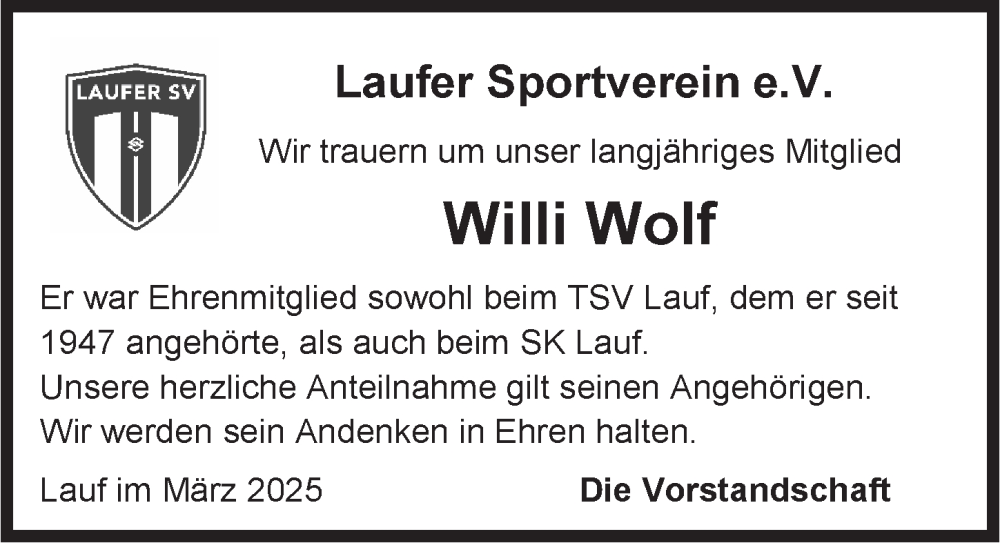  Traueranzeige für Willi Wolf vom 22.03.2025 aus Pegnitz-Zeitung