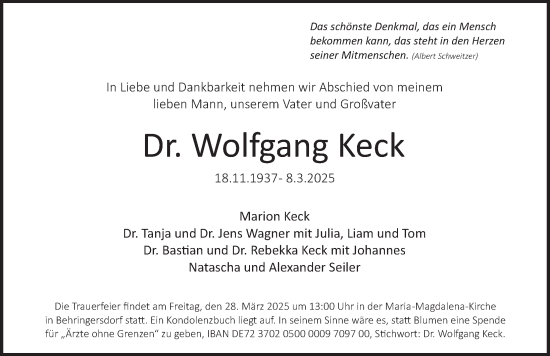 Traueranzeige von Wolfgang Keck von Pegnitz-Zeitung