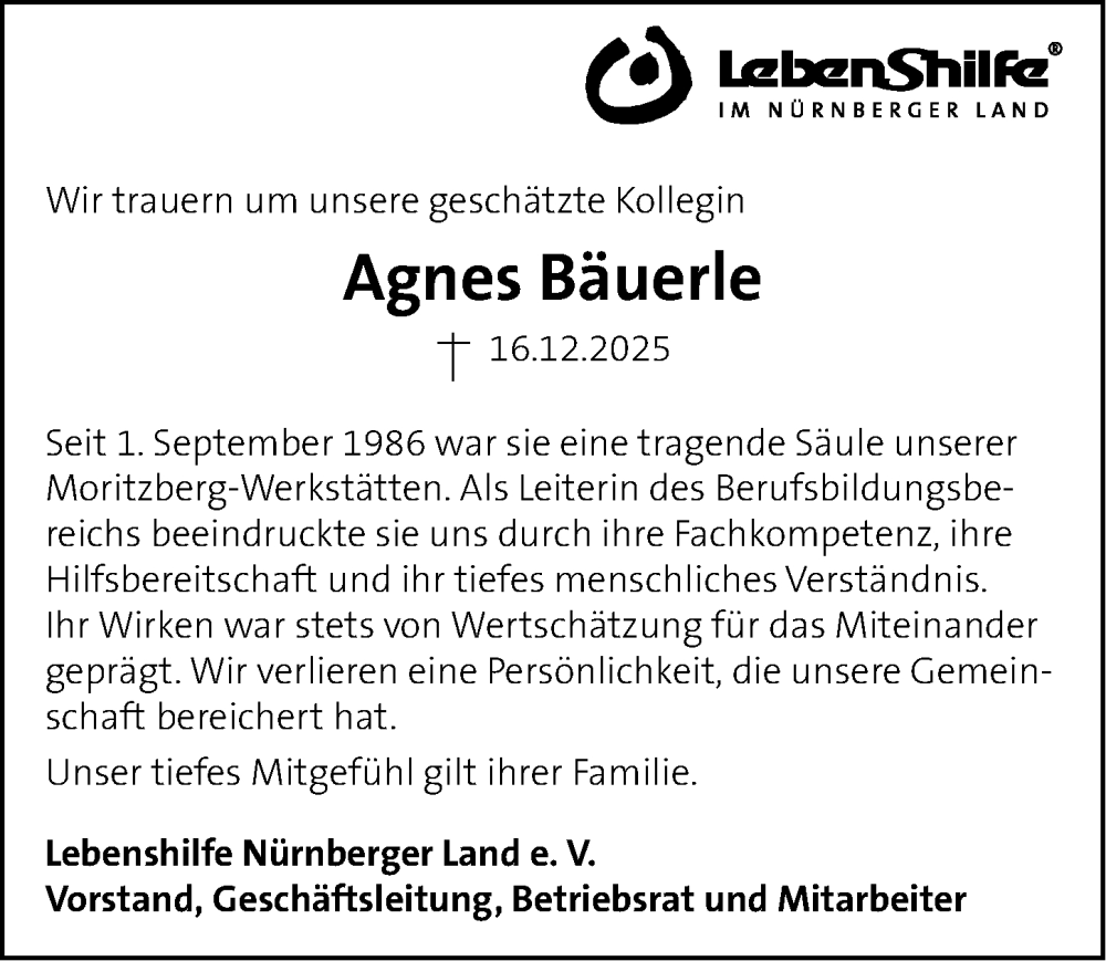  Traueranzeige für Agnes Bäuerle vom 03.01.2026 aus Hersbrucker Zeitung Lokal