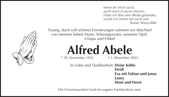 Traueranzeige von Alfred Abele von Pegnitz-Zeitung