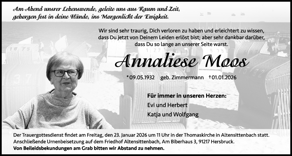  Traueranzeige für Annaliese Moos vom 17.01.2026 aus Hersbrucker Zeitung Lokal