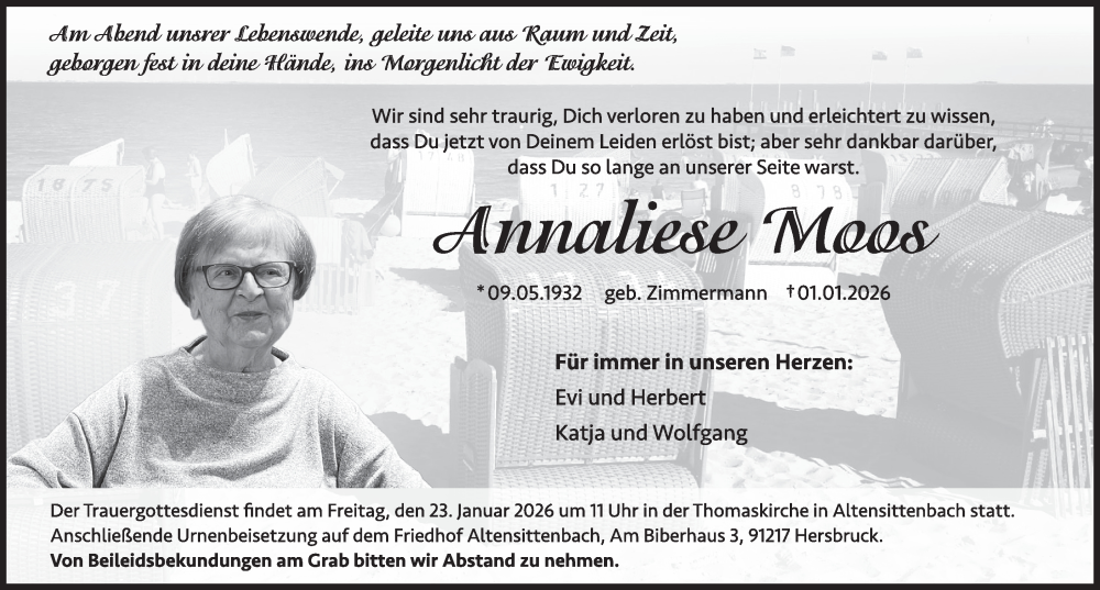  Traueranzeige für Annaliese Moos vom 17.01.2026 aus Pegnitz-Zeitung