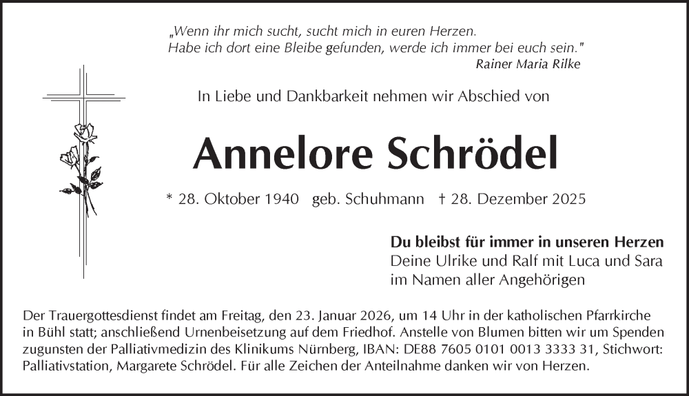  Traueranzeige für Annelore Schrödel vom 17.01.2026 aus Pegnitz-Zeitung
