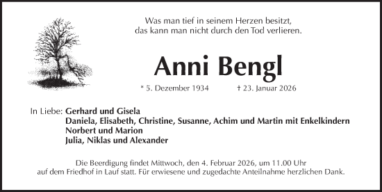 Traueranzeige von Anni Bengl von Pegnitz-Zeitung