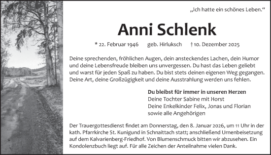Traueranzeige von Anni Schlenk von Pegnitz-Zeitung