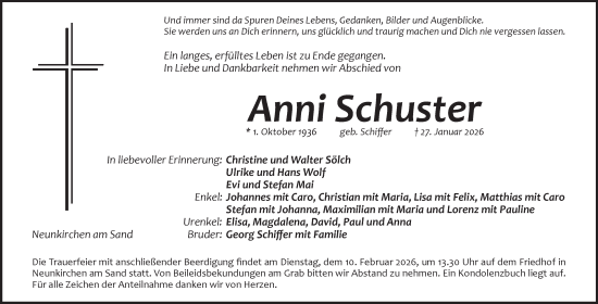 Traueranzeige von Anni Schuster von Pegnitz-Zeitung
