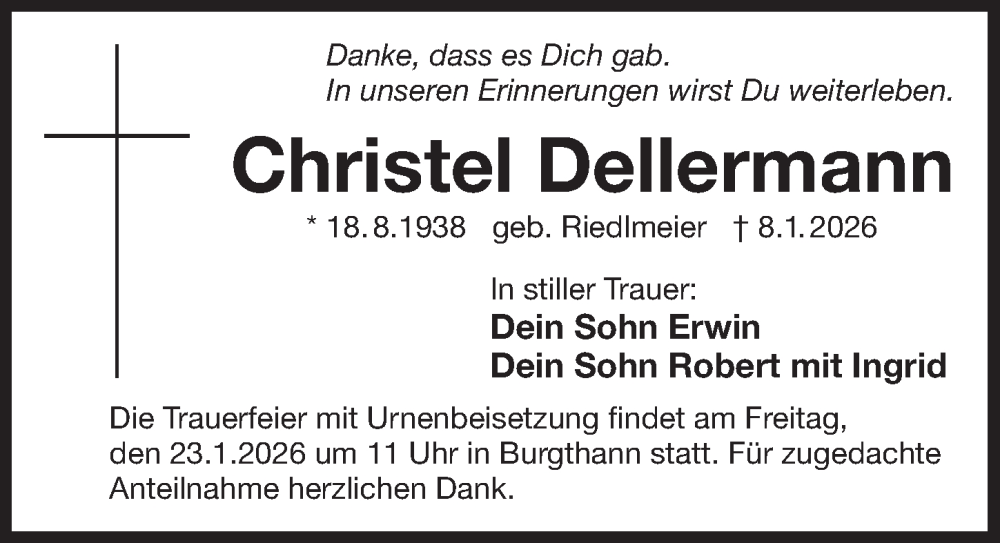  Traueranzeige für Christel Dellermann vom 17.01.2026 aus Der Bote