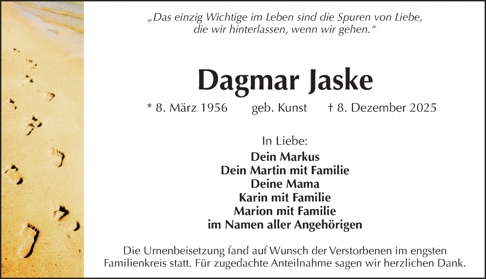  Traueranzeige für Dagmar Jaske vom 17.01.2026 aus Hersbrucker Zeitung Lokal