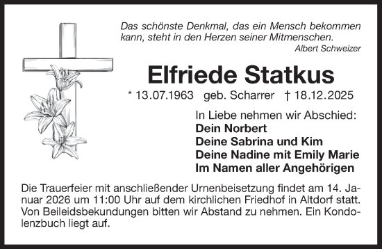 Traueranzeige von Elfriede Statkus von Der Bote