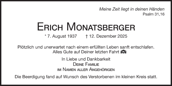 Traueranzeige von Erich Monatsberger von Der Bote