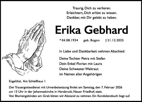 Traueranzeige von Erika Gebhard von Hersbrucker Zeitung Lokal