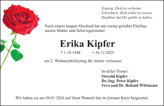 Traueranzeige von Erika Kipfer von Hersbrucker Zeitung Lokal