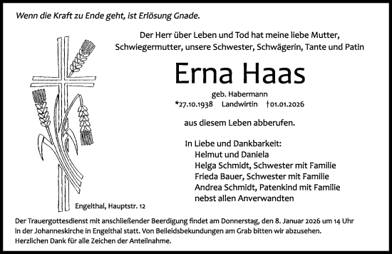 Traueranzeige von Erna Haas von Hersbrucker Zeitung Lokal