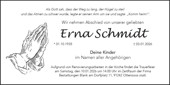 Traueranzeige von Erna Schmidt von Pegnitz-Zeitung