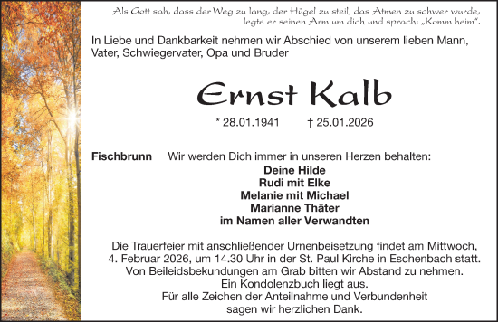 Traueranzeige von Ernst Kalb von Hersbrucker Zeitung Lokal