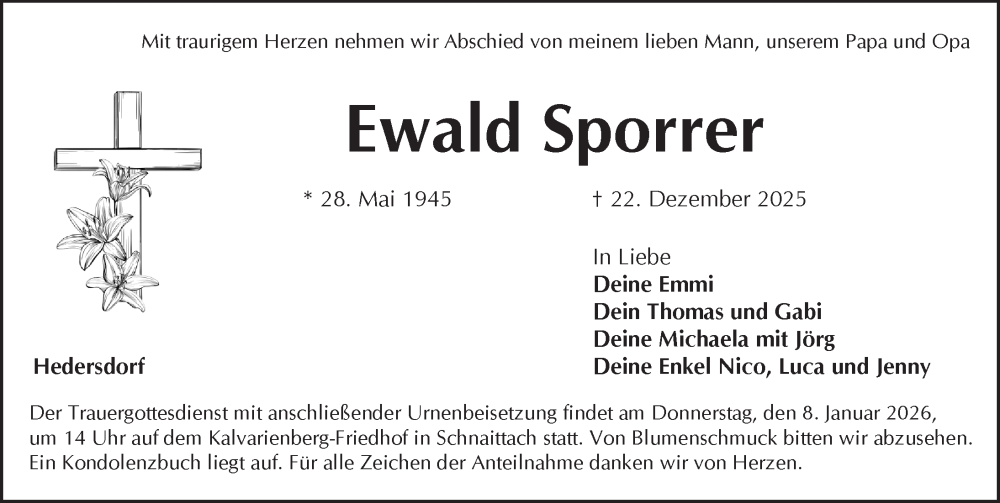  Traueranzeige für Ewald Sporrer vom 03.01.2026 aus Pegnitz-Zeitung