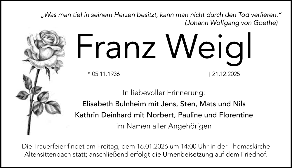  Traueranzeige für Franz Weigl vom 09.01.2026 aus Hersbrucker Zeitung Lokal
