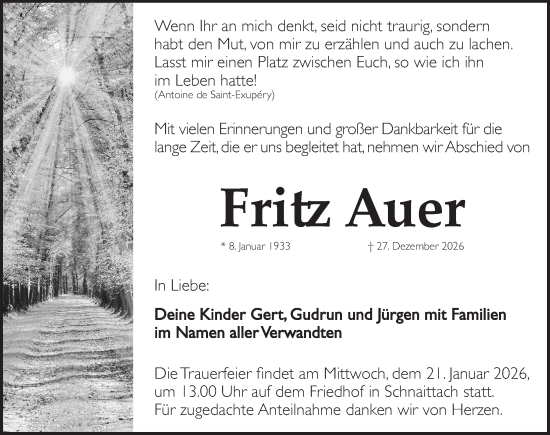 Traueranzeige von Fritz Auer von Pegnitz-Zeitung