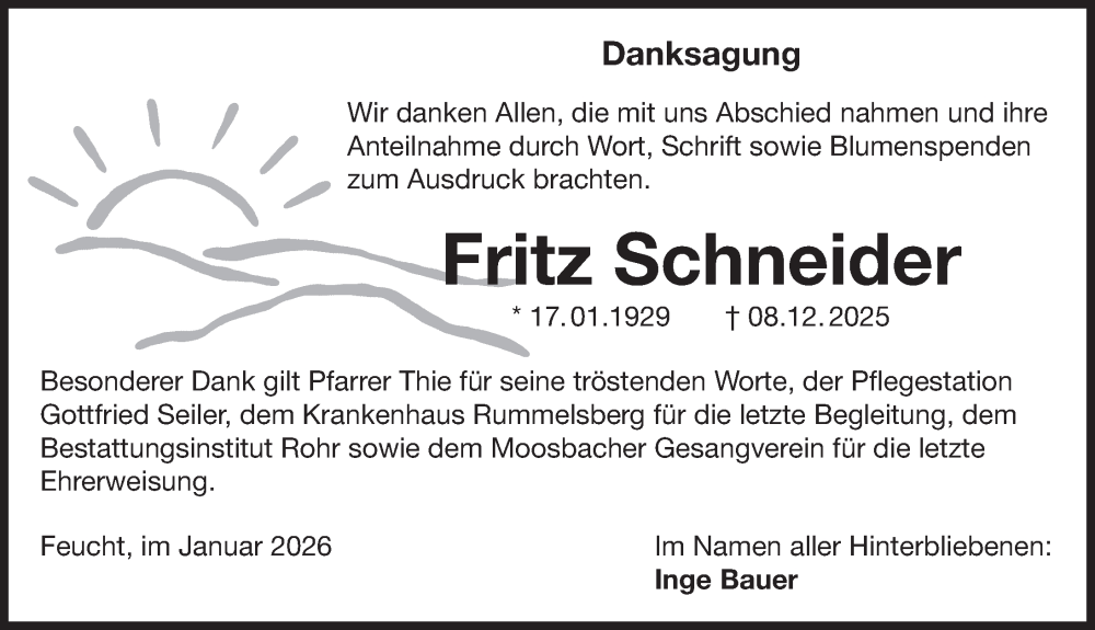 Traueranzeige für Fritz Schneider vom 10.01.2026 aus Der Bote