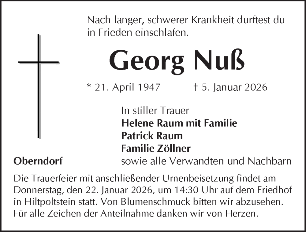  Traueranzeige für Georg Nuß vom 17.01.2026 aus Pegnitz-Zeitung