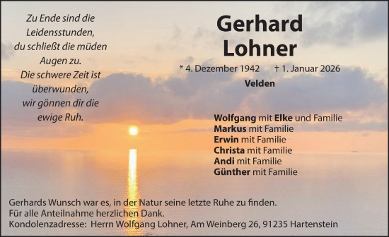 Traueranzeige von Gerhard Lohner von Hersbrucker Zeitung Lokal