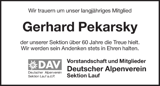 Traueranzeige von Gerhard Pekarsky von Pegnitz-Zeitung