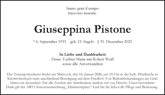 Traueranzeige von Giuseppina Pistone von Pegnitz-Zeitung