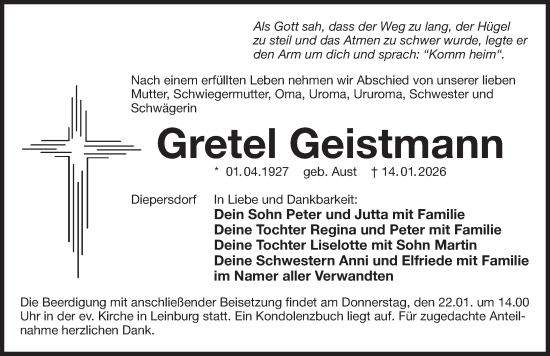Traueranzeige von Gretel Geistmann von Der Bote