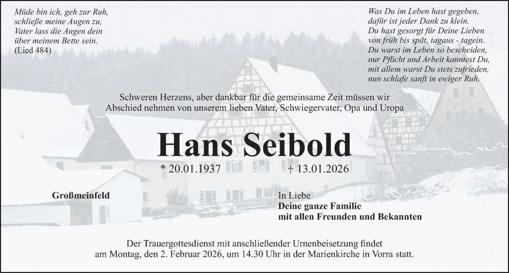  Traueranzeige für Hans Seibold vom 28.01.2026 aus Hersbrucker Zeitung Lokal