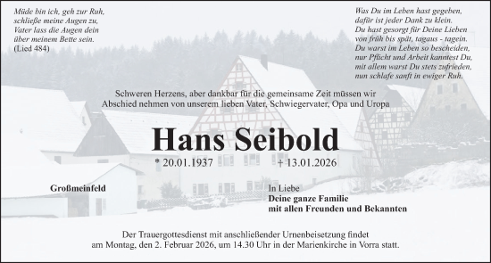 Traueranzeige von Hans Seibold von Hersbrucker Zeitung Lokal