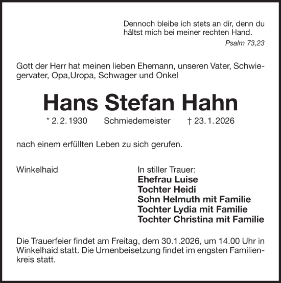 Traueranzeige von Hans Stefan Hahn von Der Bote