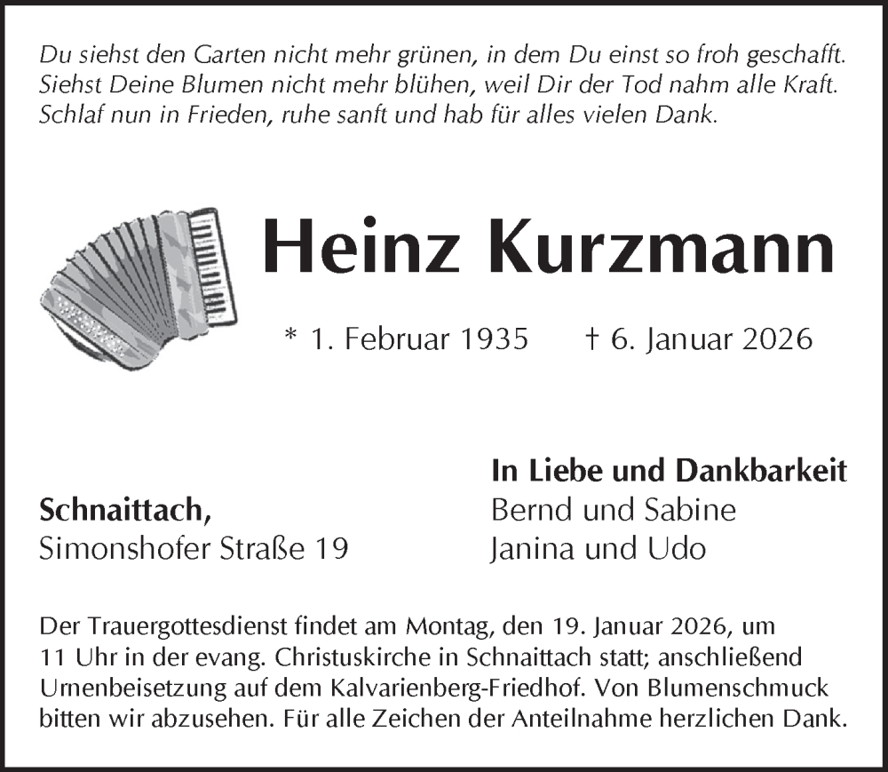  Traueranzeige für Heinz Kurzmann vom 17.01.2026 aus Pegnitz-Zeitung