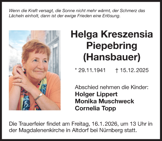 Traueranzeige von Helga Kreszensia Piepebring von Der Bote