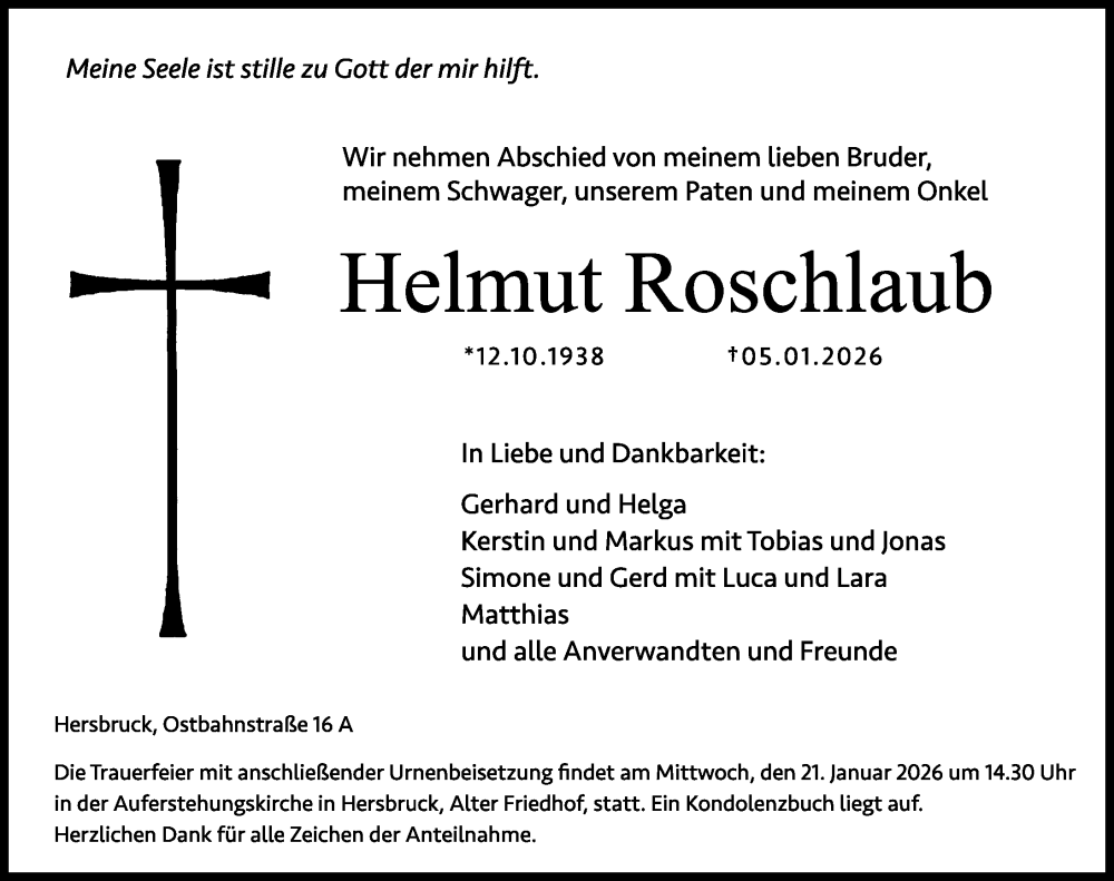  Traueranzeige für Helmut Roschlaub vom 17.01.2026 aus Hersbrucker Zeitung Lokal