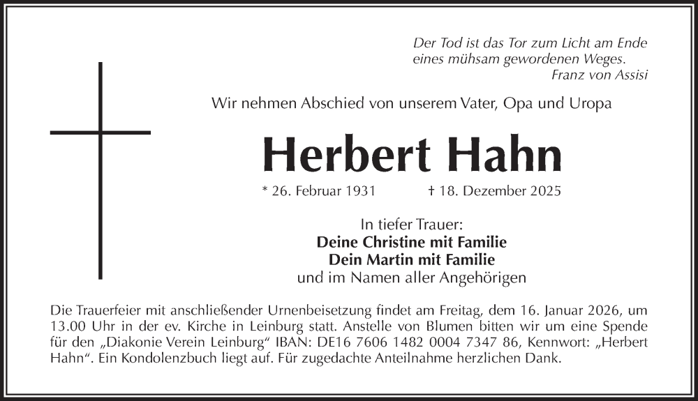  Traueranzeige für Herbert Hahn vom 10.01.2026 aus Pegnitz-Zeitung