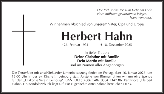 Traueranzeige von Herbert Hahn von Pegnitz-Zeitung