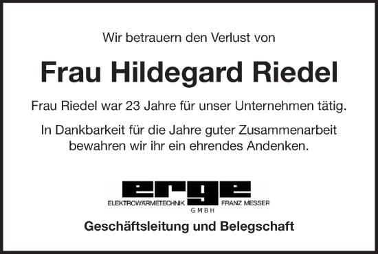 Traueranzeige von Hildegard Riedel von Pegnitz-Zeitung
