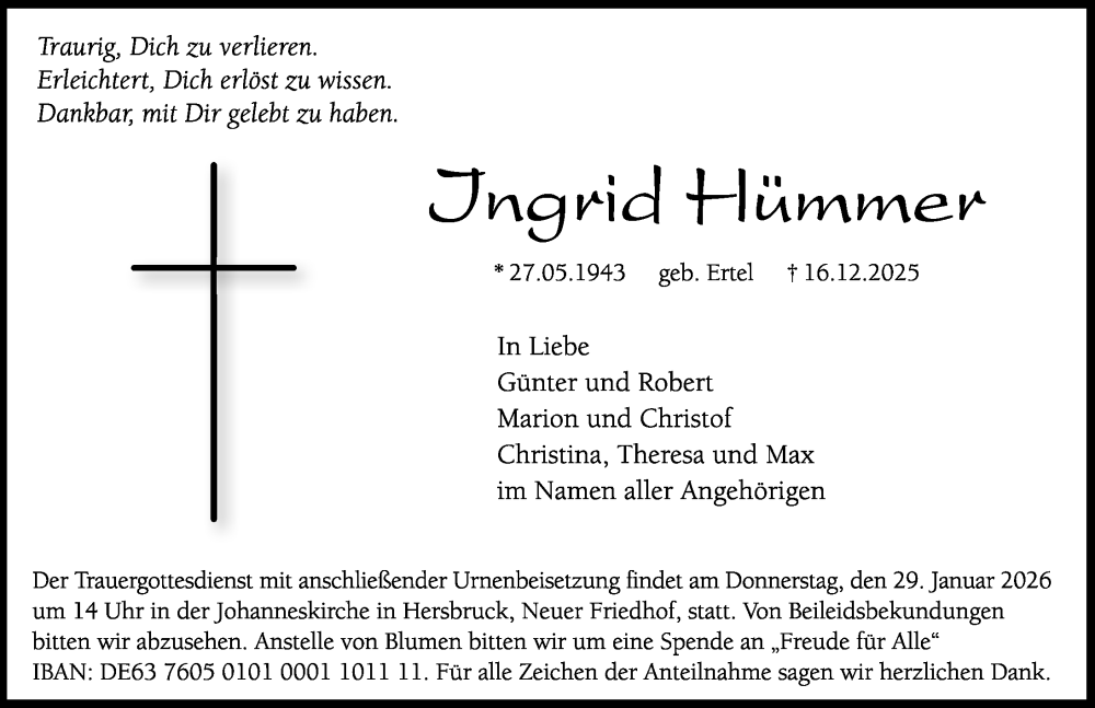  Traueranzeige für Ingrid Hümmer vom 24.01.2026 aus Hersbrucker Zeitung Lokal